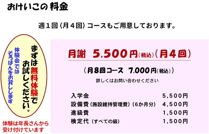 おけいこの料金 週1回(月4回)のコースをご用意しています。 月謝 5,500円(税込)（月4回） 月8回コース 7,000円(税込) 詳しくはお問い合わせください 入学金 5,500円 設備費(施設維持管理費)(6か月分) 4,500円 進級費 1,500円 検定代（すべての級） 1,500円 まずは無料体験でお試しください。体験会ではそろばんをお貸しします。体験は年長さんから受け付けています